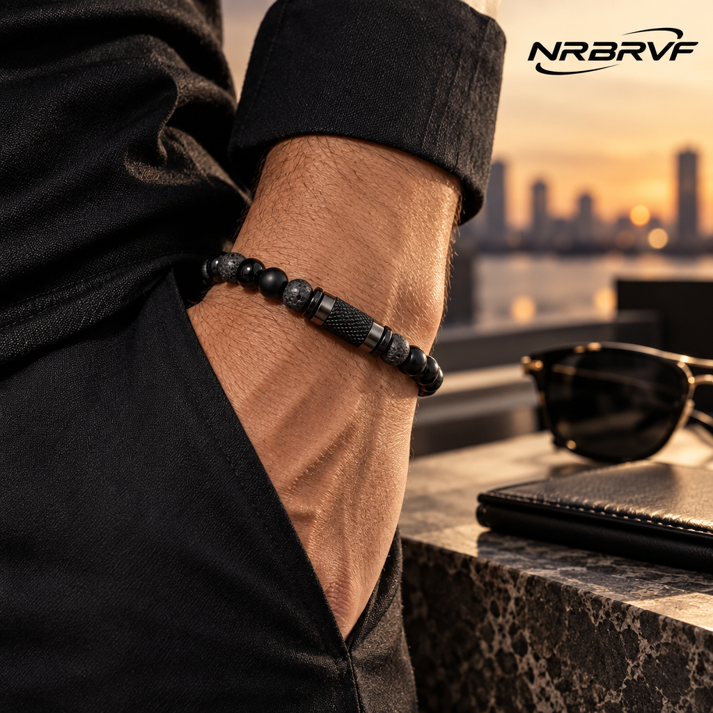 NRBRVF Men’s Matte & Polished Onyx Lava Stone Beaded Bracelet with Textured Black Stainless Steel Accent - main product image