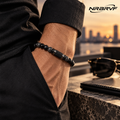 NRBRVF Men’s Matte & Polished Onyx Lava Stone Beaded Bracelet with Textured Black Stainless Steel Accent - main product image