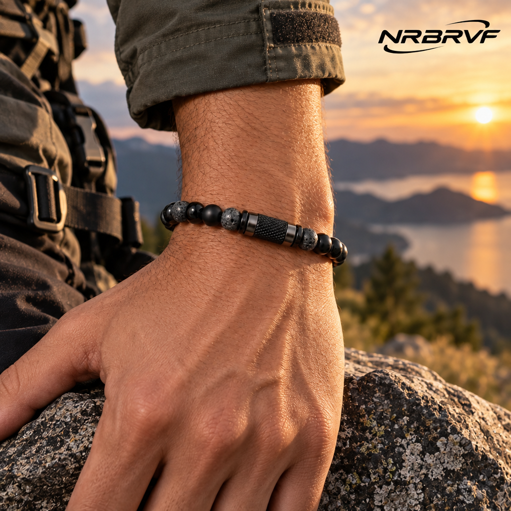 NRBRVF Men’s Matte & Polished Onyx Lava Stone Beaded Bracelet with Textured Black Stainless Steel Accent - product view 2
