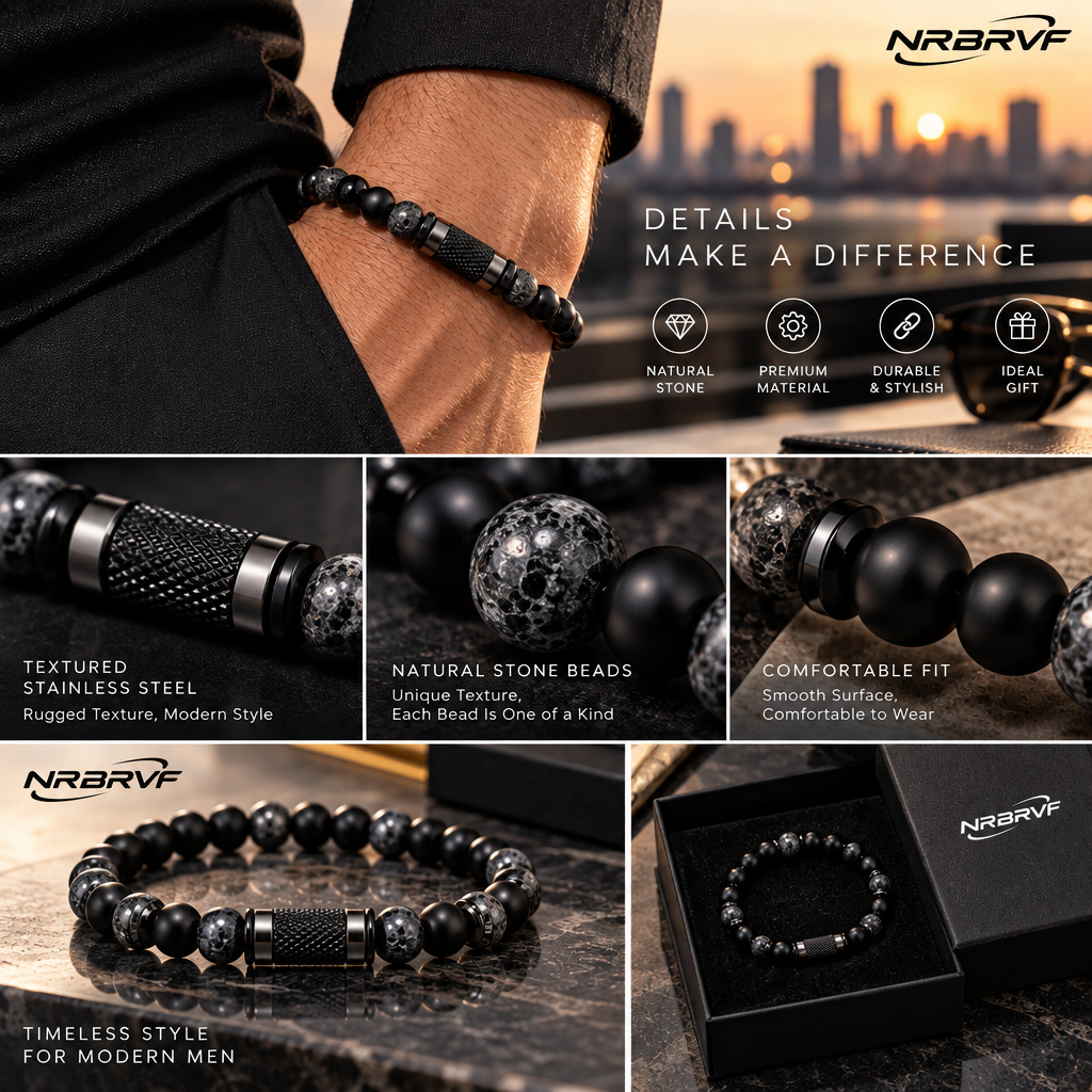 NRBRVF Men’s Matte & Polished Onyx Lava Stone Beaded Bracelet with Textured Black Stainless Steel Accent - product view 3