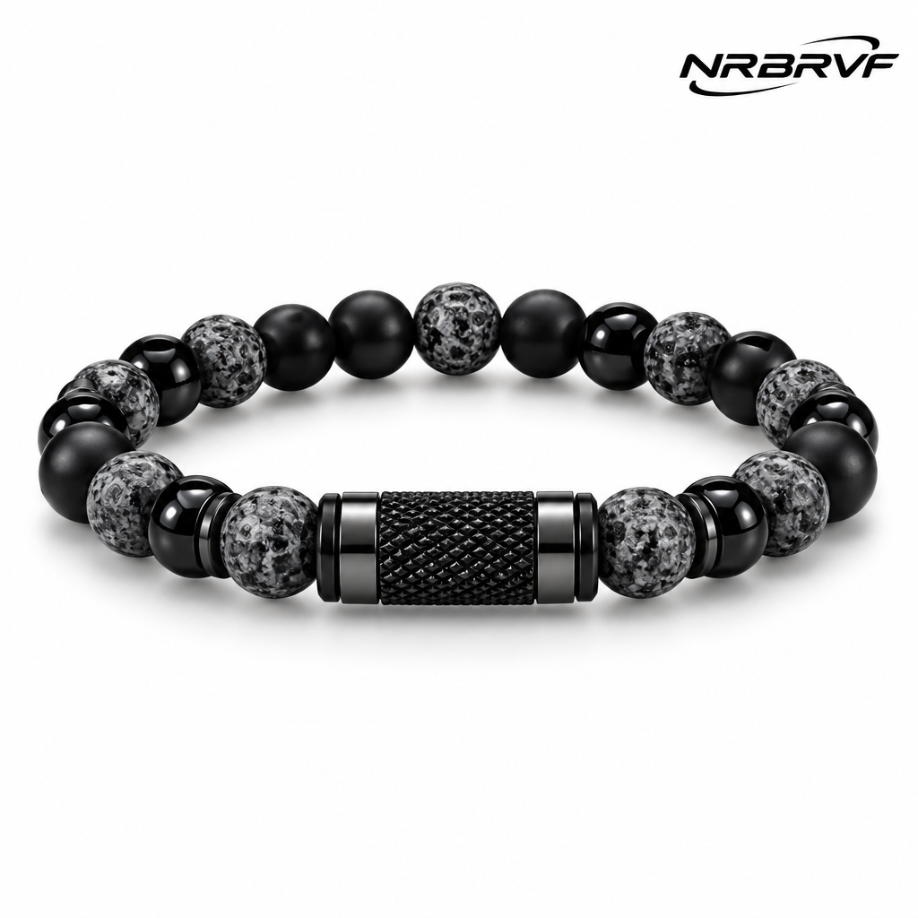 NRBRVF Men’s Matte & Polished Onyx Lava Stone Beaded Bracelet with Textured Black Stainless Steel Accent - product view 4