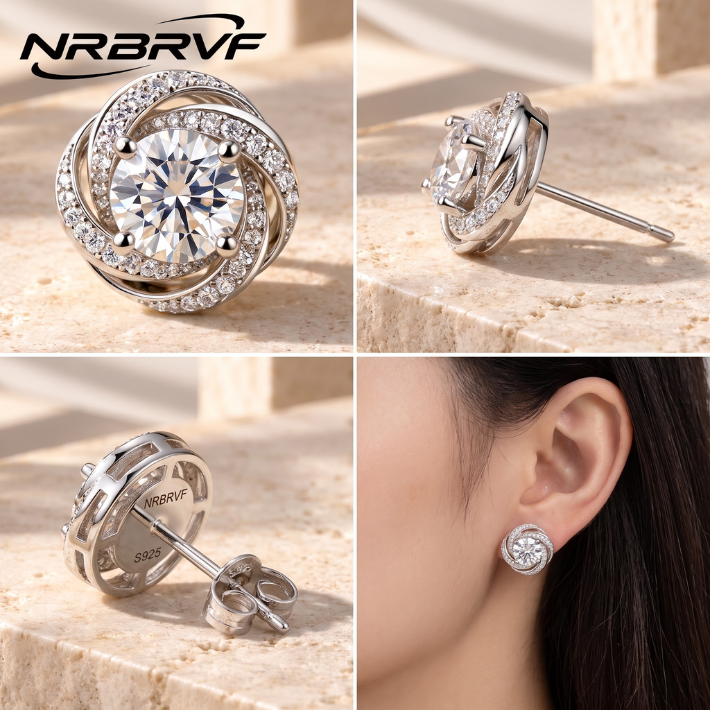 NRBRVF Sparkling Round Cut Moissanite Swirl Stud Earrings for Women, 925 Sterling Silver Intertwined Ribbon Halo Earrings, Hypoallergenic Everyday Luxury Jewelry - product view 3