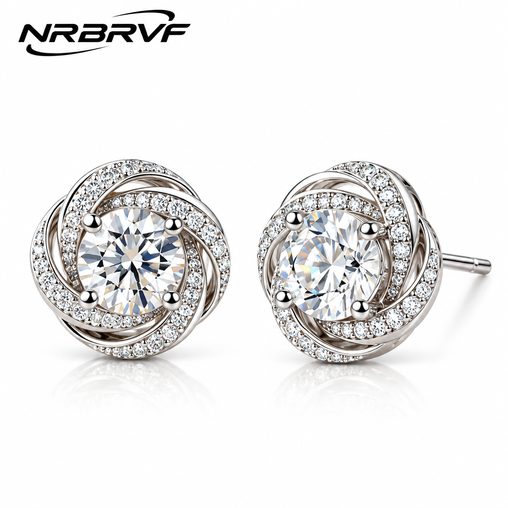 NRBRVF Sparkling Round Cut Moissanite Swirl Stud Earrings for Women, 925 Sterling Silver Intertwined Ribbon Halo Earrings, Hypoallergenic Everyday Luxury Jewelry - product view 4