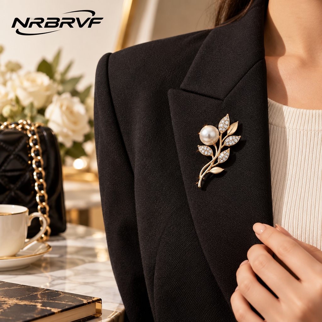 NRBRVF Pearl & Pavé Crystal Leaf Branch Brooch Pin for Women, 14K Gold-Plated Elegance Lapel Pin for Blazers and Dresses - main product image