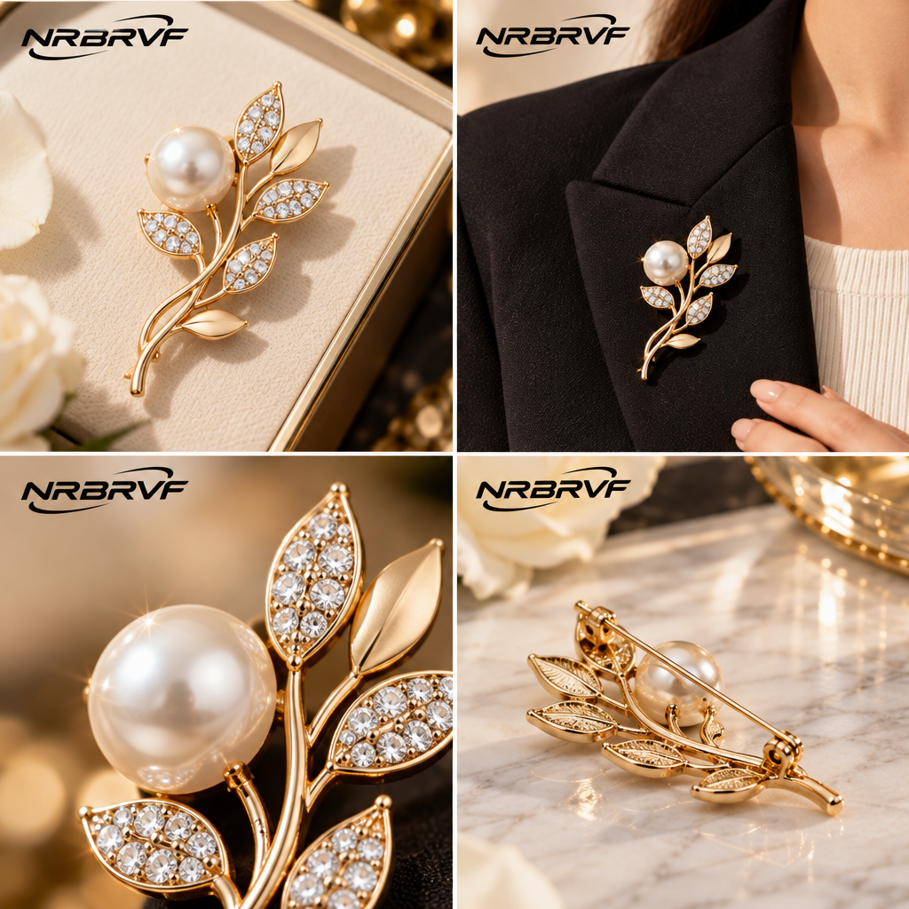 NRBRVF Pearl & Pavé Crystal Leaf Branch Brooch Pin for Women, 14K Gold-Plated Elegance Lapel Pin for Blazers and Dresses - product view 3