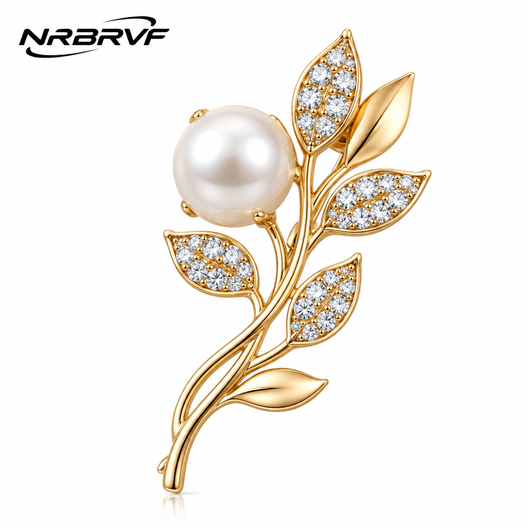 NRBRVF Pearl & Pavé Crystal Leaf Branch Brooch Pin for Women, 14K Gold-Plated Elegance Lapel Pin for Blazers and Dresses - product view 4