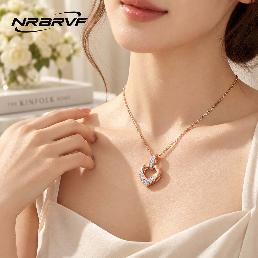 NRBRVF Rose Gold Pavé CZ Interlocking Ribbon Heart Pendant Necklace for Women - product view 2
