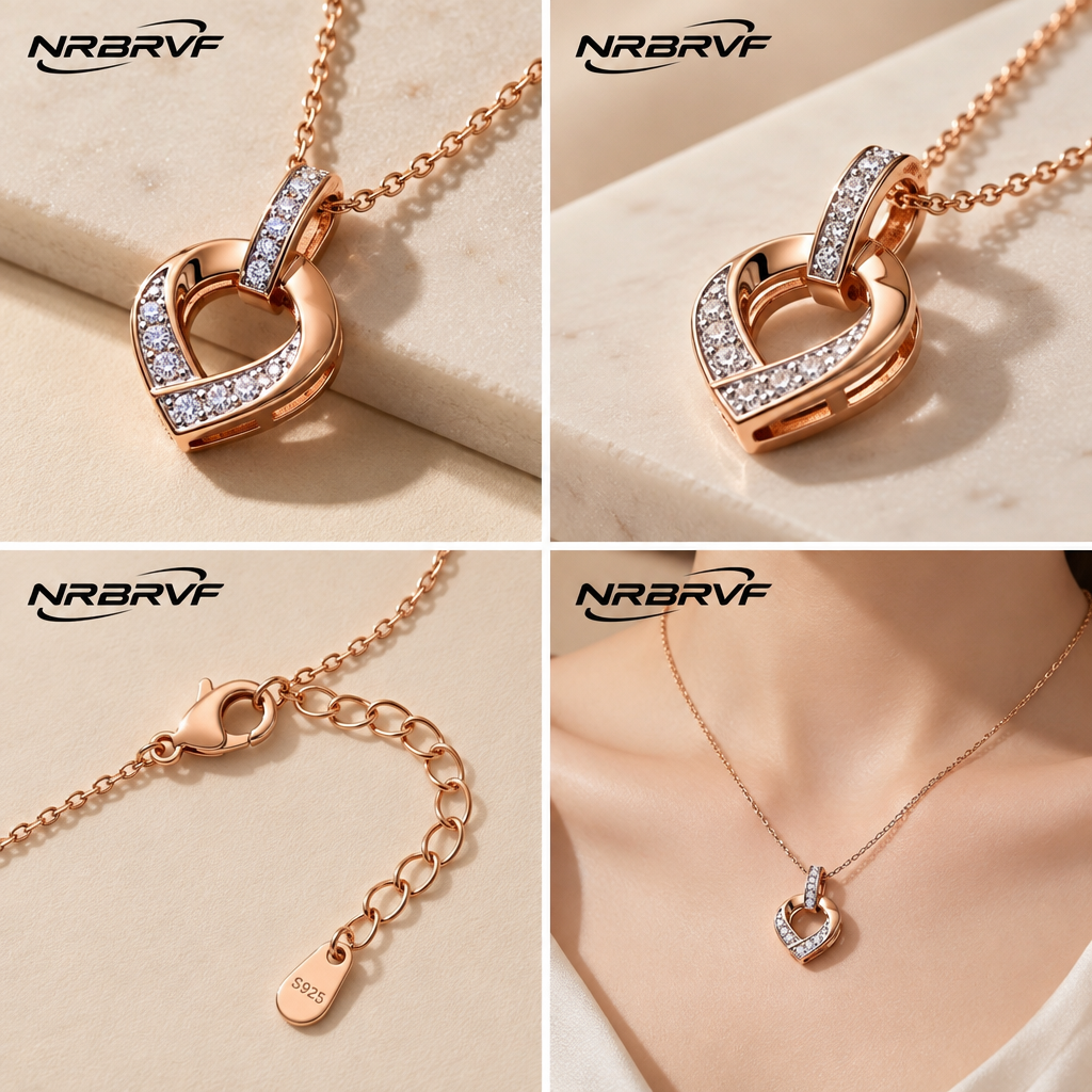 NRBRVF Rose Gold Pavé CZ Interlocking Ribbon Heart Pendant Necklace for Women - product view 3